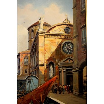 GRANDE QUADRO OLIO De Moral VEDUTA Venezia CANALE TRABACCOLO PONTILE LAGUNA 1984