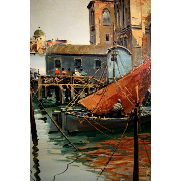 GRANDE QUADRO OLIO De Moral VEDUTA Venezia CANALE TRABACCOLO PONTILE LAGUNA 1984
