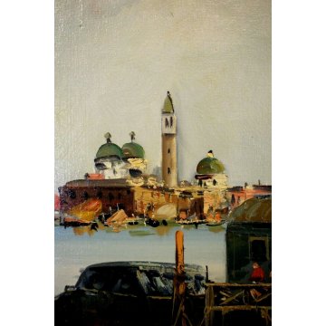 GRANDE QUADRO OLIO De Moral VEDUTA Venezia CANALE TRABACCOLO PONTILE LAGUNA 1984