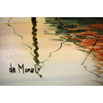 GRANDE QUADRO OLIO De Moral VEDUTA Venezia CANALE TRABACCOLO PONTILE LAGUNA 1984