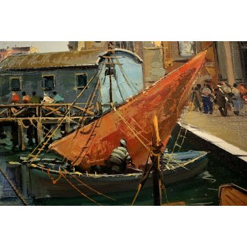 GRANDE QUADRO OLIO De Moral VEDUTA Venezia CANALE TRABACCOLO PONTILE LAGUNA 1984