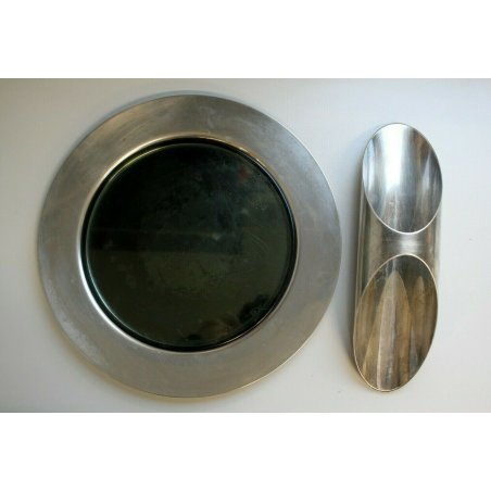  SET VINTAGE PIATTO BASE VETRO MOLATO FUME' PORTA GRISSINI SILVERPLATED ANNI '70