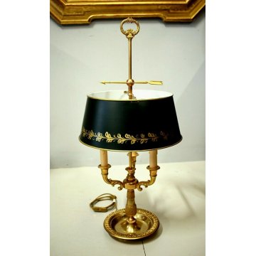 LAMPADA TAVOLO BASE OTTONE PARALUME REGOLABILE METALLO DECORO ORO 3 LUMI '900