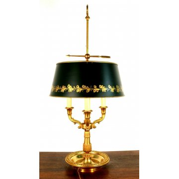 LAMPADA TAVOLO BASE OTTONE PARALUME REGOLABILE METALLO DECORO ORO 3 LUMI '900