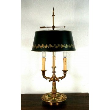 LAMPADA TAVOLO BASE OTTONE PARALUME REGOLABILE METALLO DECORO ORO 3 LUMI '900