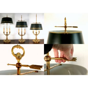 LAMPADA TAVOLO BASE OTTONE PARALUME REGOLABILE METALLO DECORO ORO 3 LUMI '900
