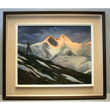 ANTICO QUADRO DIPINTO OLIO SOLDATO MILITARE ALPINO ALPI NEVE TRAMONTO MONTE ROSA