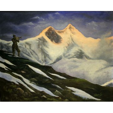ANTICO QUADRO DIPINTO OLIO SOLDATO MILITARE ALPINO ALPI NEVE TRAMONTO MONTE ROSA