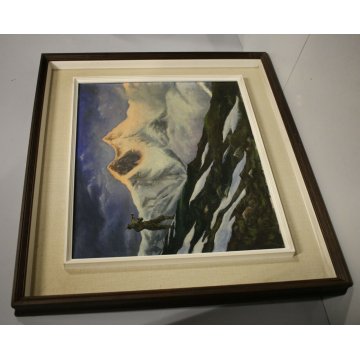 ANTICO QUADRO DIPINTO OLIO SOLDATO MILITARE ALPINO ALPI NEVE TRAMONTO MONTE ROSA