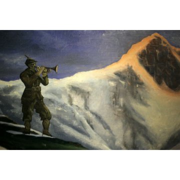 ANTICO QUADRO DIPINTO OLIO SOLDATO MILITARE ALPINO ALPI NEVE TRAMONTO MONTE ROSA