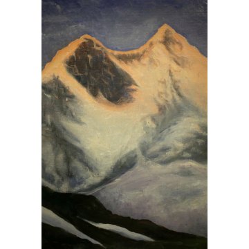 ANTICO QUADRO DIPINTO OLIO SOLDATO MILITARE ALPINO ALPI NEVE TRAMONTO MONTE ROSA