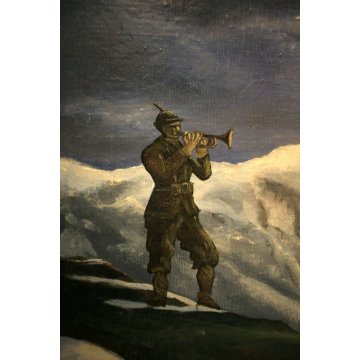 ANTICO QUADRO DIPINTO OLIO SOLDATO MILITARE ALPINO ALPI NEVE TRAMONTO MONTE ROSA
