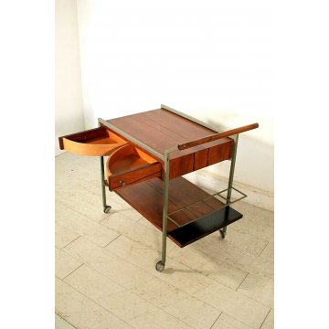 CARRELLO BAR COCKTAIL SERVING TABLE DESIGN MODERNISTA NOCE ACCIAIO ANNI '60