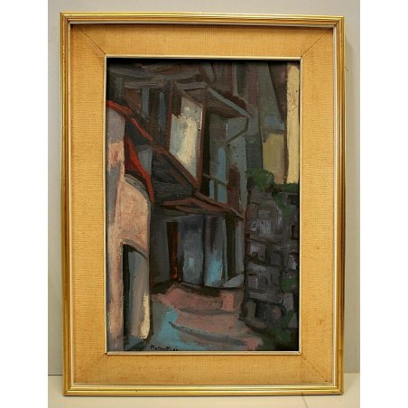 QUADRO DIPINTO Fulvio Platinetti SCORCIO CORTE CASCINE BALLATOIO NEOREALISMO '60