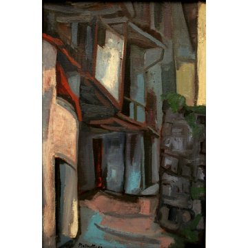 QUADRO DIPINTO Fulvio Platinetti SCORCIO CORTE CASCINE BALLATOIO NEOREALISMO '60