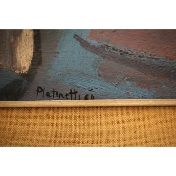 QUADRO DIPINTO Fulvio Platinetti SCORCIO CORTE CASCINE BALLATOIO NEOREALISMO '60