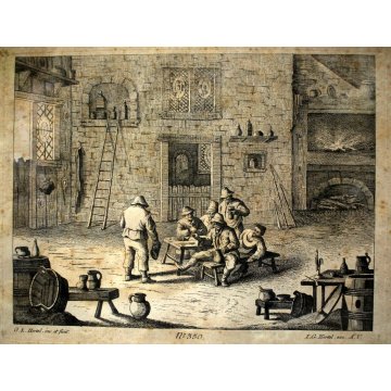 LOTTO 4 ANTICA STAMPA ACQUAFORTE G. I. Hertel SCENA DI GENERE LOCANDA OSTERIA 