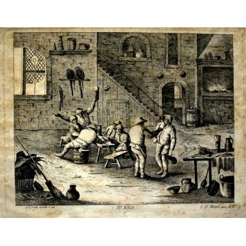 LOTTO 4 ANTICA STAMPA ACQUAFORTE G. I. Hertel SCENA DI GENERE LOCANDA OSTERIA 