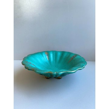 CERAMICA DERUTA SVUOTA TASCHE CENTROTAVOLA DIPINTO VERDE DECORO FIORI DORATO