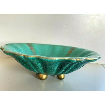 CERAMICA DERUTA SVUOTA TASCHE CENTROTAVOLA DIPINTO VERDE DECORO FIORI DORATO