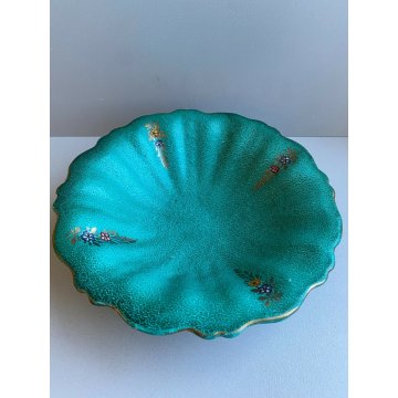CERAMICA DERUTA SVUOTA TASCHE CENTROTAVOLA DIPINTO VERDE DECORO FIORI DORATO