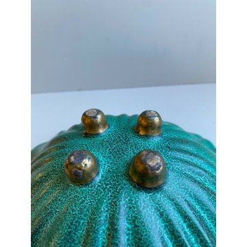 CERAMICA DERUTA SVUOTA TASCHE CENTROTAVOLA DIPINTO VERDE DECORO FIORI DORATO