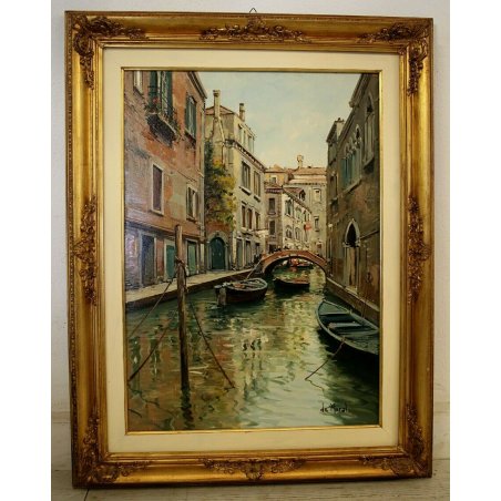 GRANDE QUADRO OLIO De Moral VEDUTA Venezia LAGUNA SCORCIO CANALE PONTE BARCHE