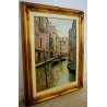 GRANDE QUADRO OLIO De Moral VEDUTA Venezia LAGUNA SCORCIO CANALE PONTE BARCHE