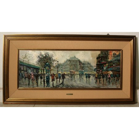 QUADRO DIPINTO OLIO G. De Simone VEDUTA BOULEVARD Parigi PIOGGIA 54,5x104,5cm