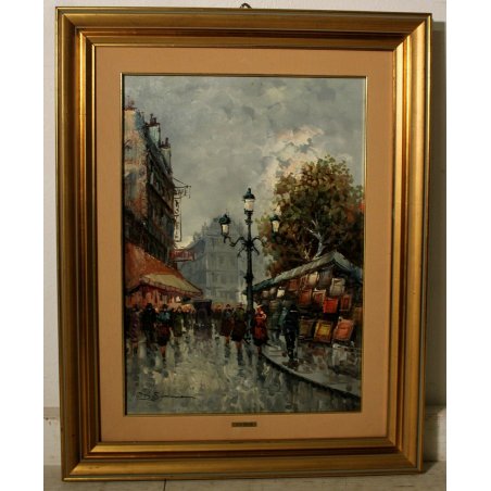 QUADRO DIPINTO OLIO G. De Simone VEDUTA BOULEVARD Parigi PIOGGIA 73,5x93,5cm '84