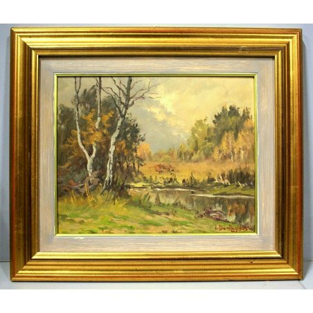 QUADRO OLIO TAVOLA I. De Regibus PAESAGGIO AUTUNNO BRUGHIERA FIUME LOMBARDIA '98