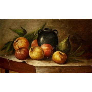 ANTICO QUADRO OLIO TELA NATURA MORTA TAVOLO FRUTTA ORCIO MELE CORNICE Guilloché