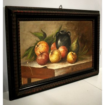 ANTICO QUADRO OLIO TELA NATURA MORTA TAVOLO FRUTTA ORCIO MELE CORNICE Guilloché