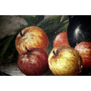 ANTICO QUADRO OLIO TELA NATURA MORTA TAVOLO FRUTTA ORCIO MELE CORNICE Guilloché