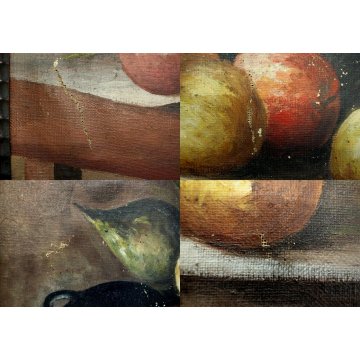 ANTICO QUADRO OLIO TELA NATURA MORTA TAVOLO FRUTTA ORCIO MELE CORNICE Guilloché