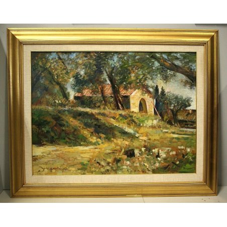 GRANDE QUADRO OLIO TELA Umberto Montini COLLINE SENESI CASOLARE CAMPAGNA 1971