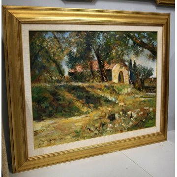 GRANDE QUADRO OLIO TELA Umberto Montini COLLINE SENESI CASOLARE CAMPAGNA 1971