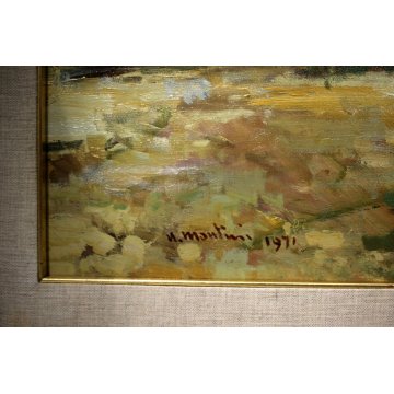 GRANDE QUADRO OLIO TELA Umberto Montini COLLINE SENESI CASOLARE CAMPAGNA 1971