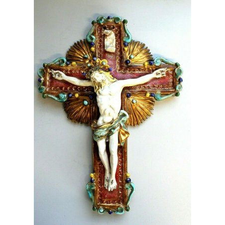  ANTICA SCULTURA MAIOLICA  BASSORILIEVO Gesù Crocifisso CERAMICA Carbet FIRENZE