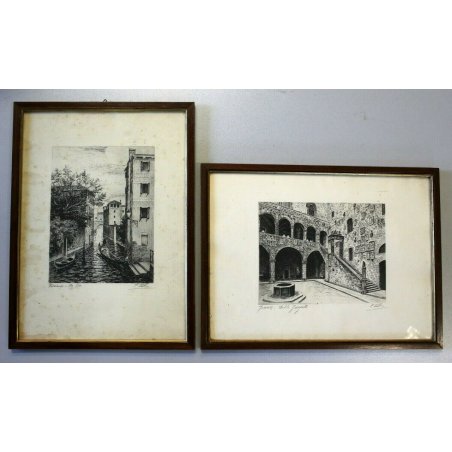 COPPIA QUADRI ANTICA STAMPA LITOGRAFIA VEDUTA Firenze Cortile Bargello Venezia