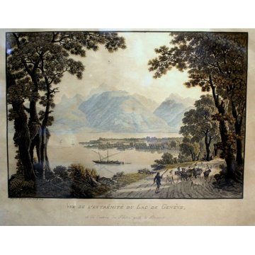  ANTICA STAMPA ACQUAFORTE Lago di Ginevra G. Lory SVIZZERA DISEGNO VIAGGIO '800