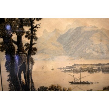  ANTICA STAMPA ACQUAFORTE Lago di Ginevra G. Lory SVIZZERA DISEGNO VIAGGIO '800