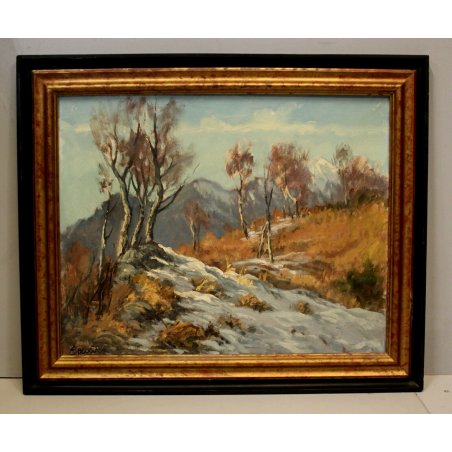QUADRO OLIO TELA  Augusto Serasi PAESAGGIO MONTANO BETULLE NEVE 