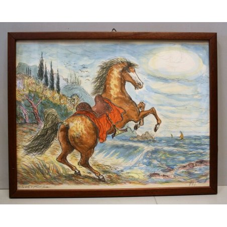 QUADRO DIPINTO DISEGNO GRAFITE TEMPERA F. Gonzaga CAVALLO RAMPANTE SPIAGGIA '900