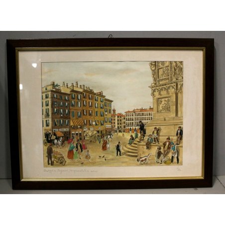 STAMPA ACQUERELLATA "Omaggio a Inganni"  VEDUTA STORICA Piazza del Duomo MILANO 
