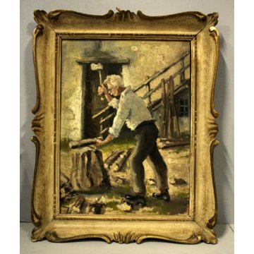 ANTICO QUADRO DIPINTO OLIO TAVOLA SCENA di GENERE VECCHIO TAGLIALEGNA CORTILE 