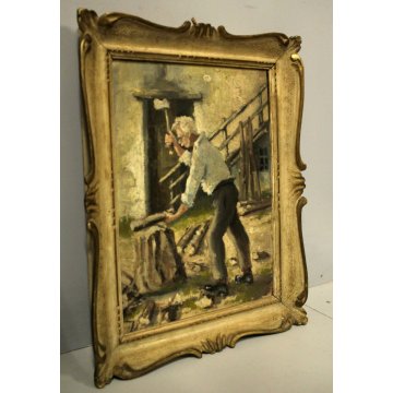 ANTICO QUADRO DIPINTO OLIO TAVOLA SCENA di GENERE VECCHIO TAGLIALEGNA CORTILE 