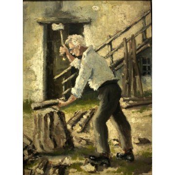 ANTICO QUADRO DIPINTO OLIO TAVOLA SCENA di GENERE VECCHIO TAGLIALEGNA CORTILE 