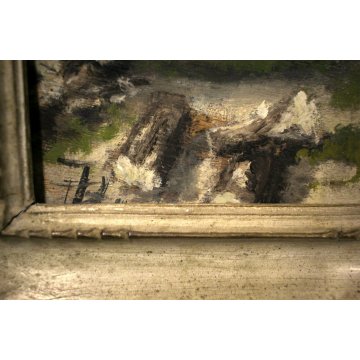 ANTICO QUADRO DIPINTO OLIO TAVOLA SCENA di GENERE VECCHIO TAGLIALEGNA CORTILE 
