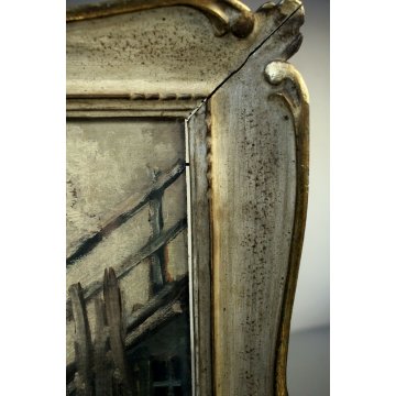 ANTICO QUADRO DIPINTO OLIO TAVOLA SCENA di GENERE VECCHIO TAGLIALEGNA CORTILE 